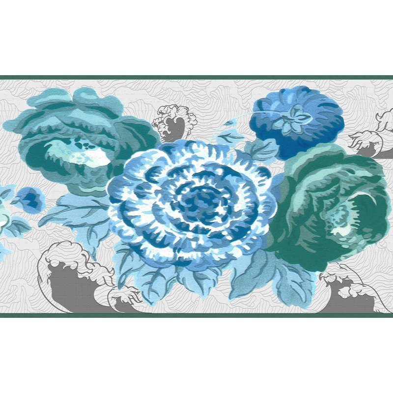 Bordure de papier peint autocollant Jendri - abstrait bleu, fleurs bleu sarcelle, roses, bordure rétro, 15 pi X 7 po, auto-adhésif