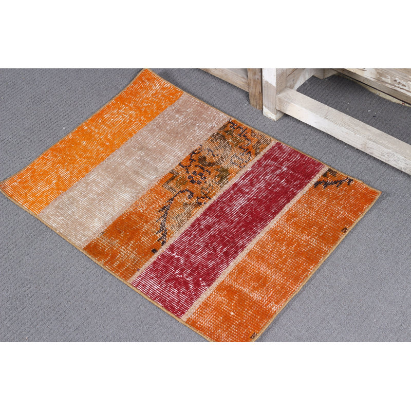 Small Beige Vintage Turkish Oushak Patchwork Rug Ideal for Entry and Home Decor with Retro Neutral Flatweave Design