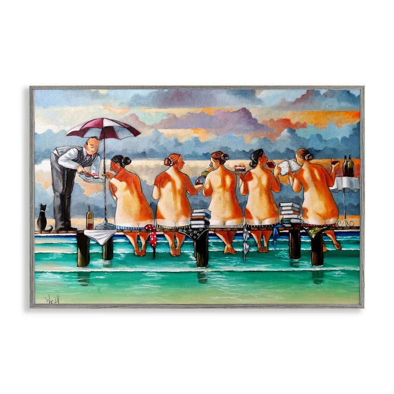 The Book Club Beachgoers, giclée encadrée, design par Ronald West, H 16 po x l 24 po, Gris