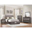 Grand lit plateforme contemporain gris avec détails à paillettes argentées, tête de lit tapissier en similicuir et revêtement de chambre à coucher à tiroirs, tête de lit
