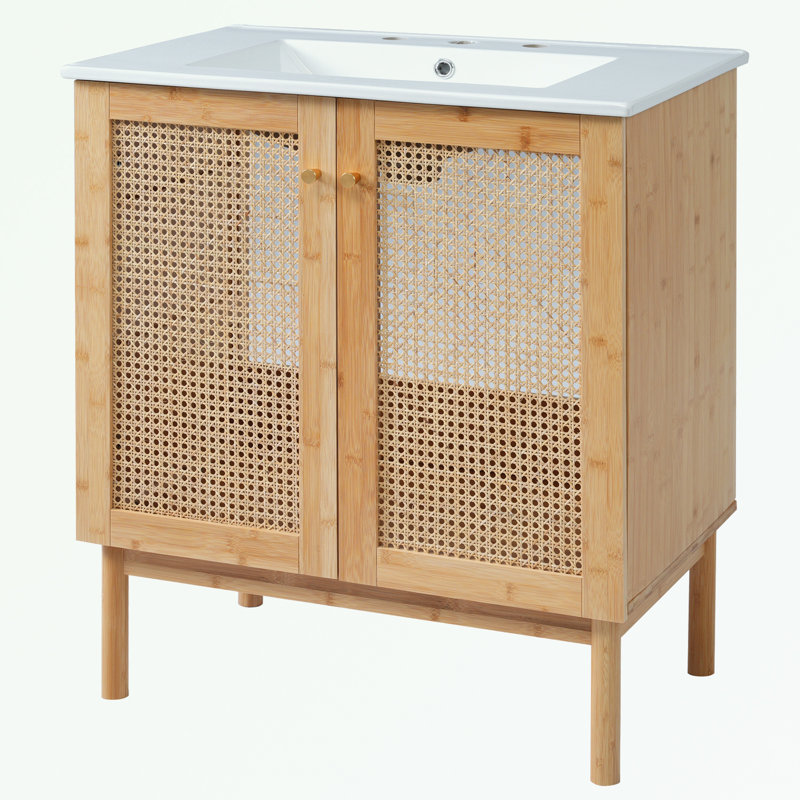 meuble-lavabo avec portes en rotin faites à la main et mécanismes de fermeture en douceur, Naturel