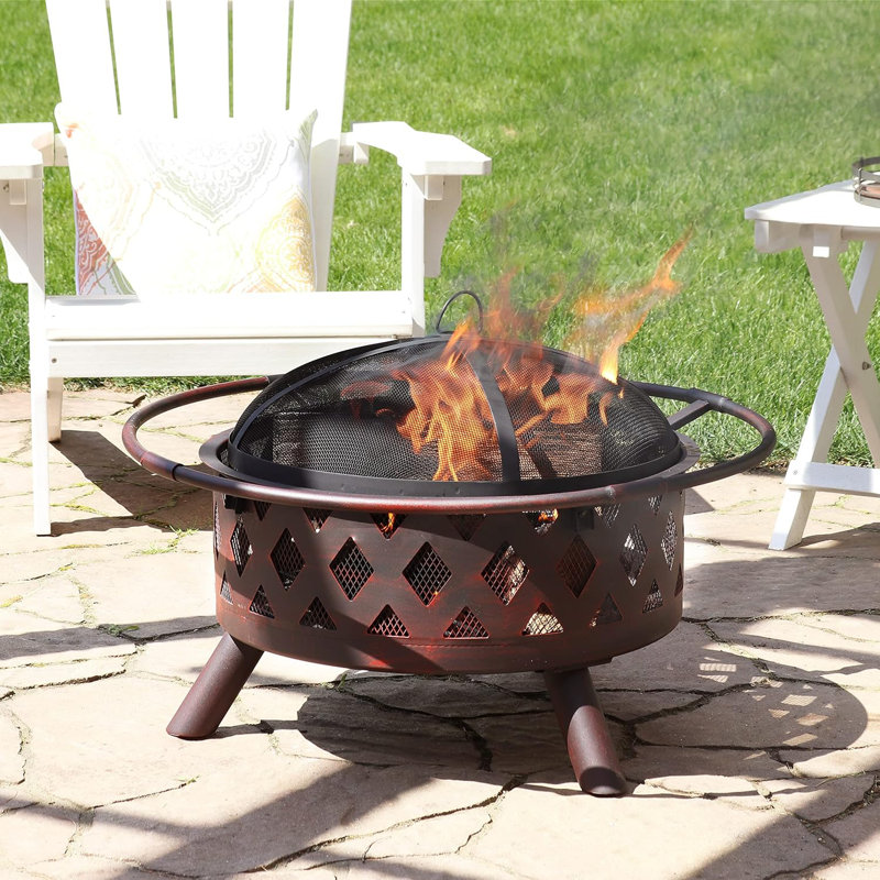 Bronze 30-Inch Crossweave Wood-Burning Fire Pit with Screen and Poker