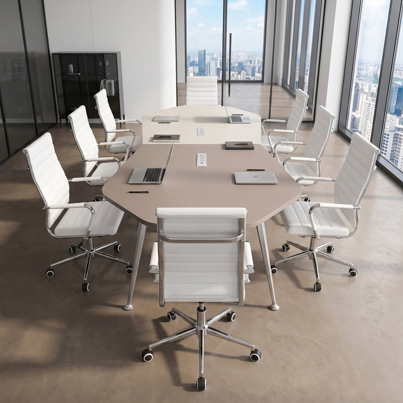 Ensemble de table de conférence Okeysen 110 po en forme d'infini avec 8 chaises ergonomiques, bureau de réunion moderne et irrégulier avec 2 prises de courant et ports USB