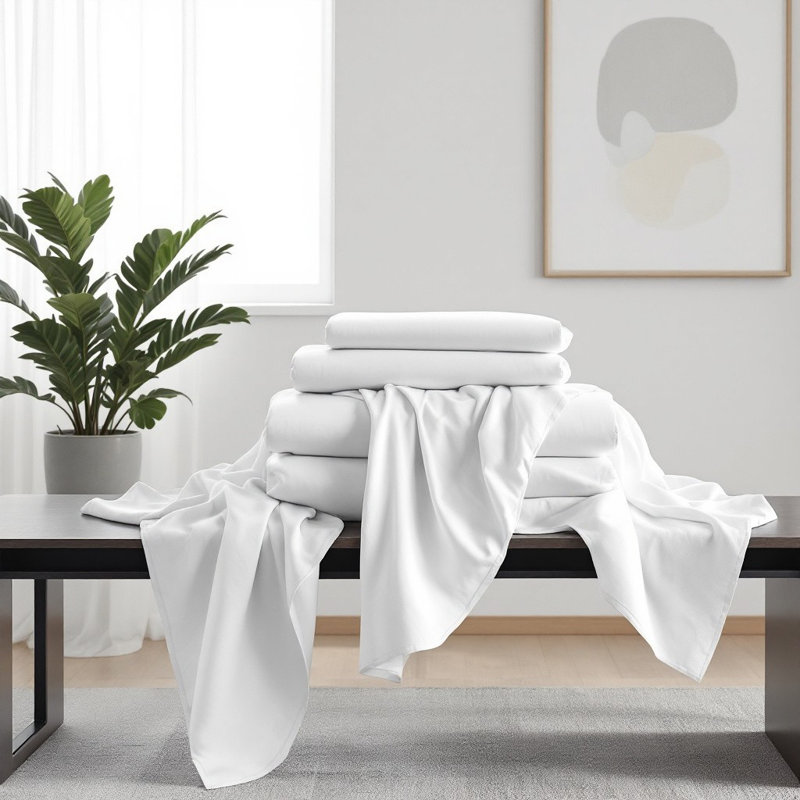 Ensemble de draps luxueux en microfibre de qualité supérieure, Ensemble de draps pour grand lit avec 4 taies d'or, Blanc