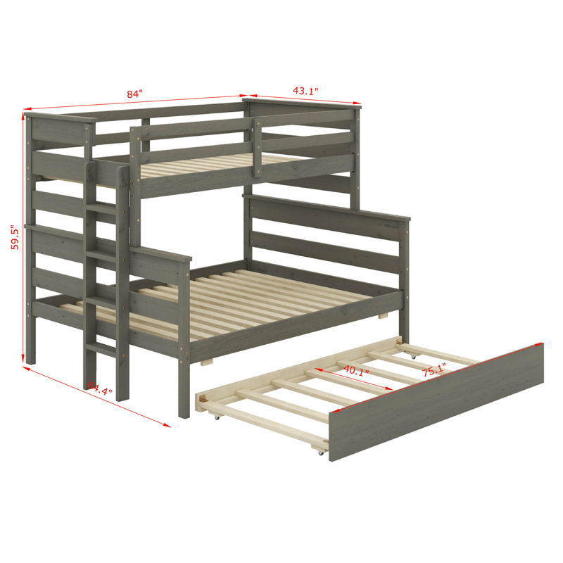 Lit simple superposé au dessus d'un lit double avec gigogne, Gris