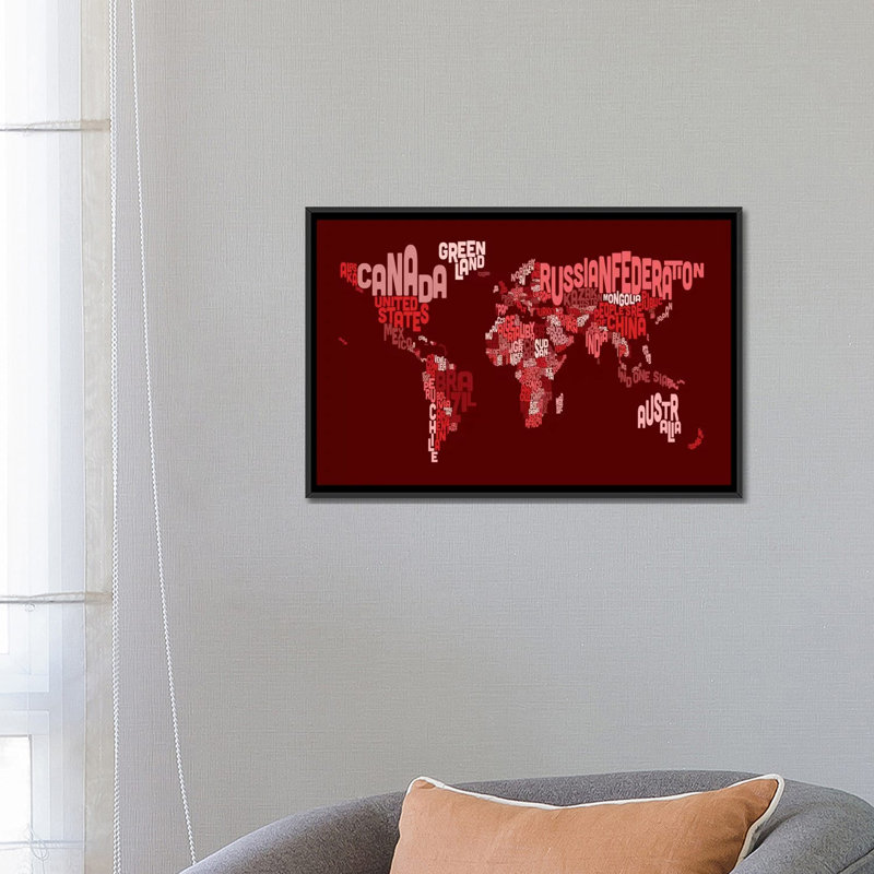 «Typ tape Text World Map III (Red» par Michael Tompsett, impression sur toile tendue, H 18 po x l 26 po x P 1,5 po