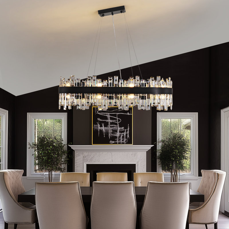 Lustre rectangulaire noir mat à 16 lumières avec détails en cristal Kacy pour îlot de cuisine Kacy, Noir