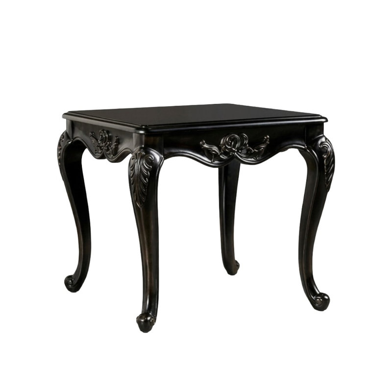 26,5 po. Table de bout rectangulaire noire en bois avec détails sculptés et pieds en cabriole