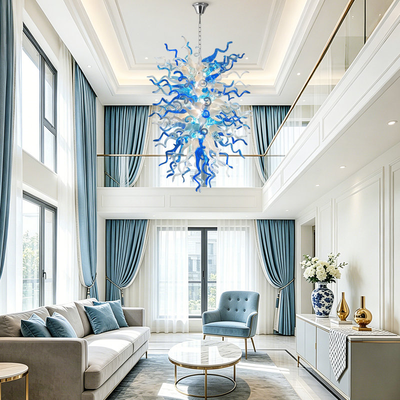 Grand lustre bleu luxueux en verre soufflé à la main avec ampoules, 9