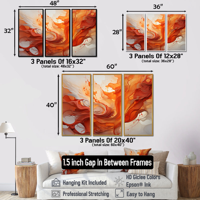 Abstrait rouge Firestorm Symphony I - ensemble de peintures sur toile, H 28 po x l 36 po x P 1 po, Cadre flottant blanc