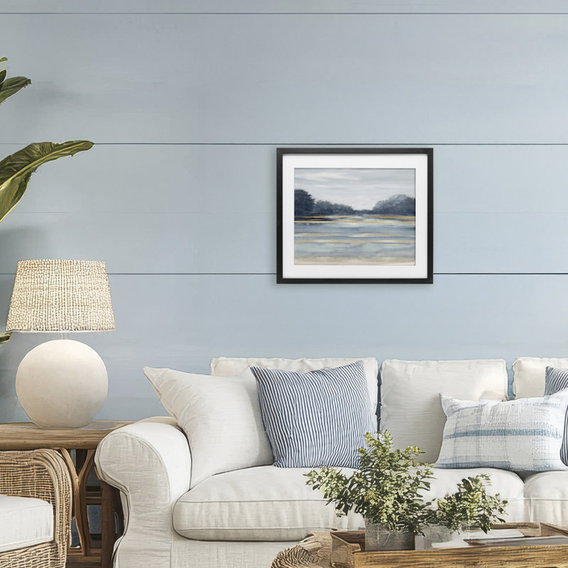 «Lake & Trees Tranquility», reproduction sous verre encadrée, design par Amber Sterling, H 13 po x l 16 po, Cadre noir minuit