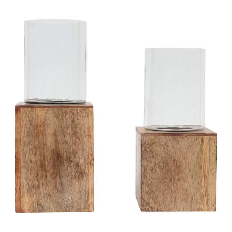 Natural Wood Solid Color Square Base Pillar Hurricane Candleholders, 15" H x 6" W x 6" D