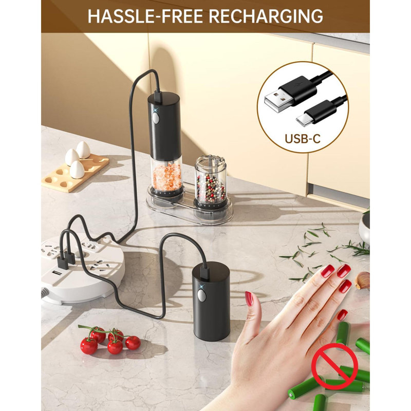 Electric Salt And Pepper Grinder Set Rechargeable Salt And Pepper Mills With Level External Adjustable Coarseness LED Light And Storage Base