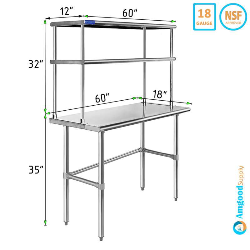 Table ouverte en acier inoxydable avec tablette à deux niveaux, H 67 po x l 60 po x P 18 po