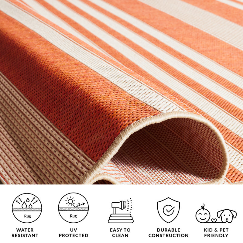 Tapis intérieur / extérieur rayé terre cuite / beige Arneshia, Carré 2 pi 7 po