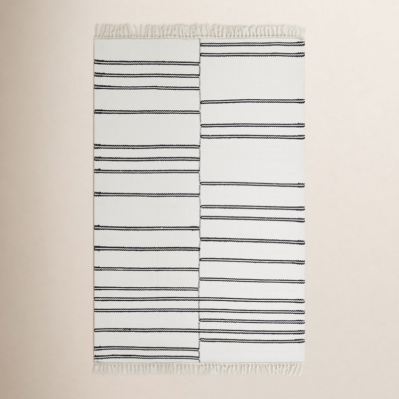 Favina Striped Handmade Flatweave Recycled P.E.T. Area Rug in Ivory/Black, Rectangle 2' x 3'