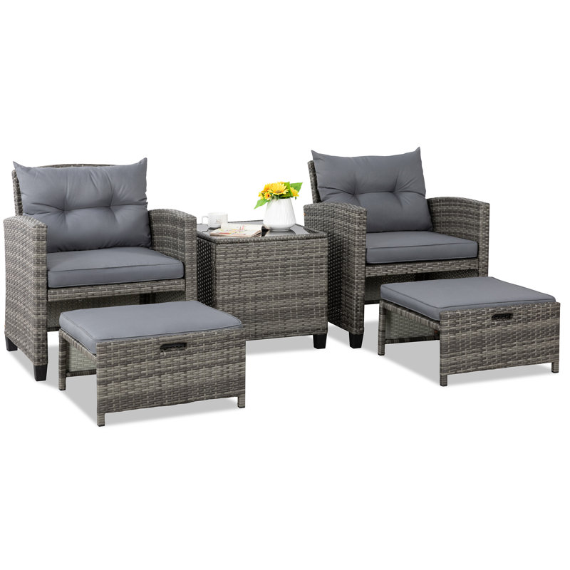 Chaise longue en rotin avec coussins 5 pièces Maddox, Gris, Gris