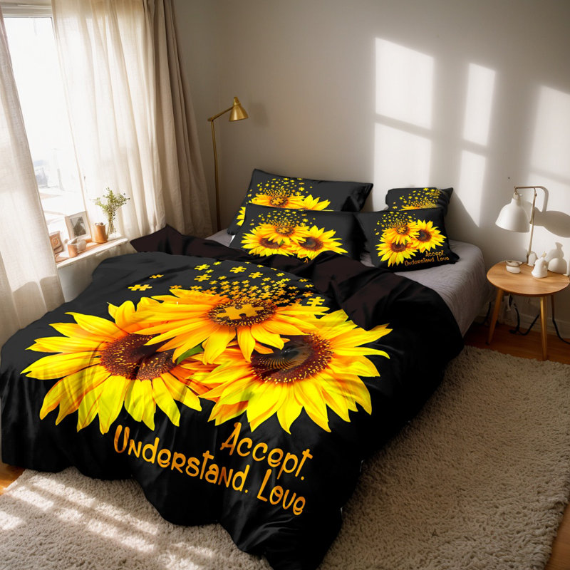 Literie en microfibre avec citation tournesol, 1 place, noire, 3 pièces avec 2 taies d'oreiller standard