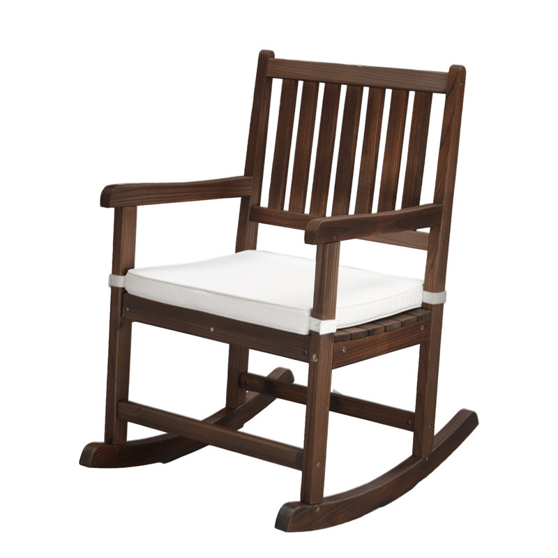 Chaise berçante en bois de sapin massif avec dossier carré et assise rembourrée, Coussin blanc / panneau brun
