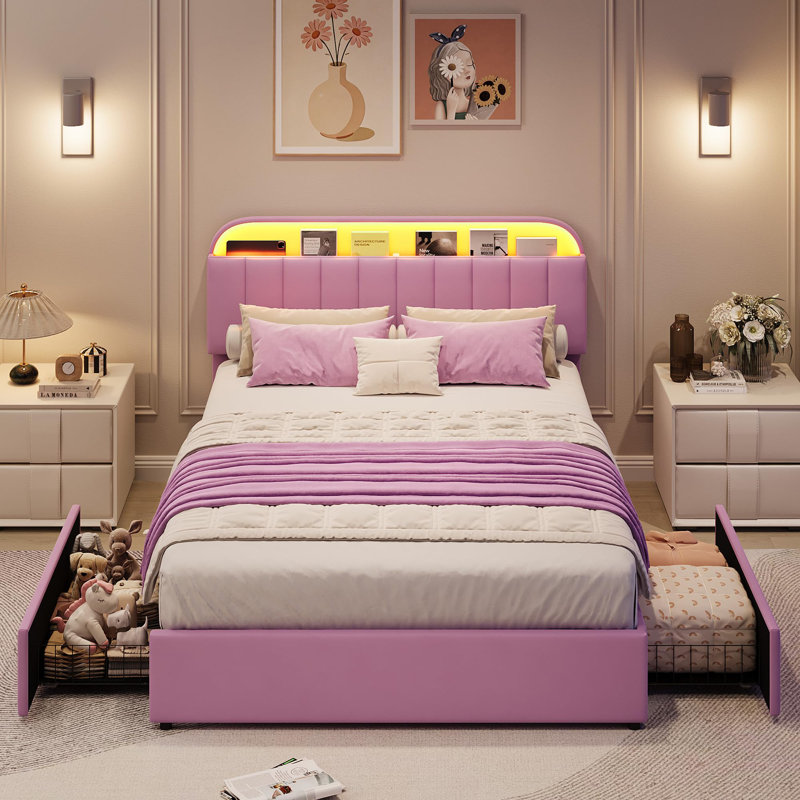 Base de lit tapissier pleine grandeur en velours avec tête de lit réglable, 2 tiroirs sous le lit mobiles, lumières à DEL RVB contrôlées par l'application, support à lattes de bois, aucun sommier requis, mauve