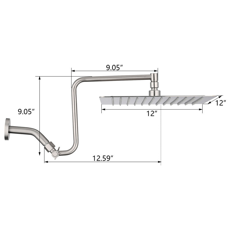 Pomme de douche à pluie 12 po avec bras robuste, stable et bras d'extension réglable en acier inoxydable 12 po