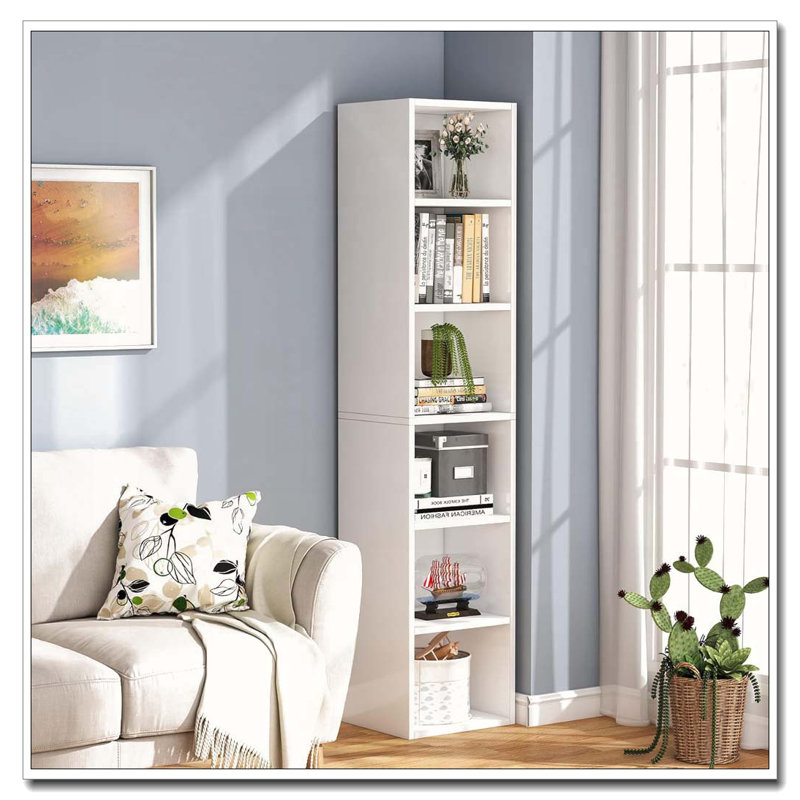 Bibliothèque à 6 coins étroits pour salon, bureau, chambre à coucher, Blanc