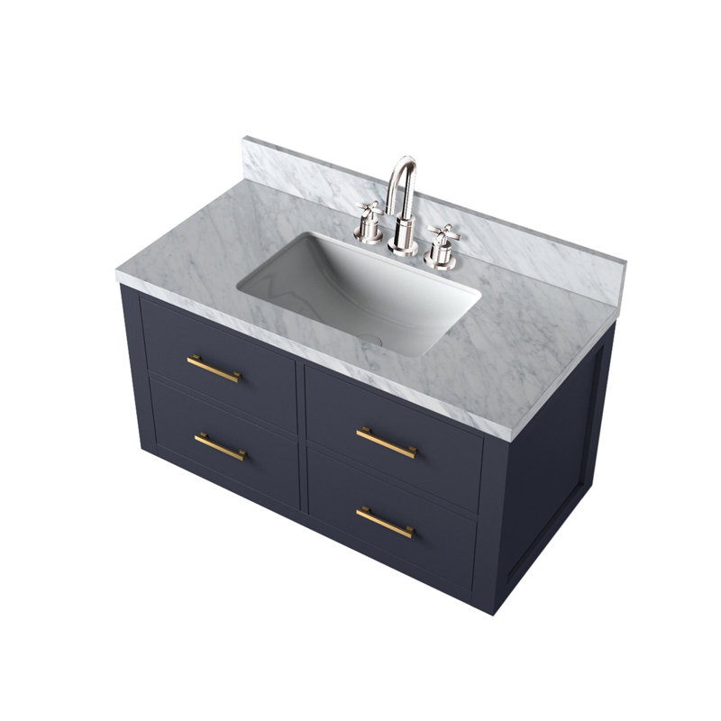 Single Bath Vanity with White Quartz Top and Faucet Set, Marbre, Bleu