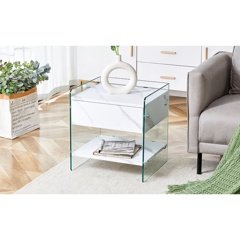 Simple et table de chevet avec tiroir, blanc, verre, rangement fonctionnel attrayant