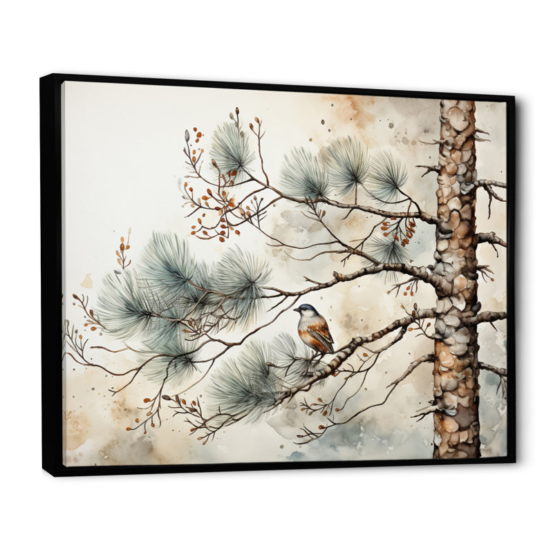Décoration murale oiseau sur pin II, H 34 po x l 44 po x P 1,5 po, Cadre flottant noir