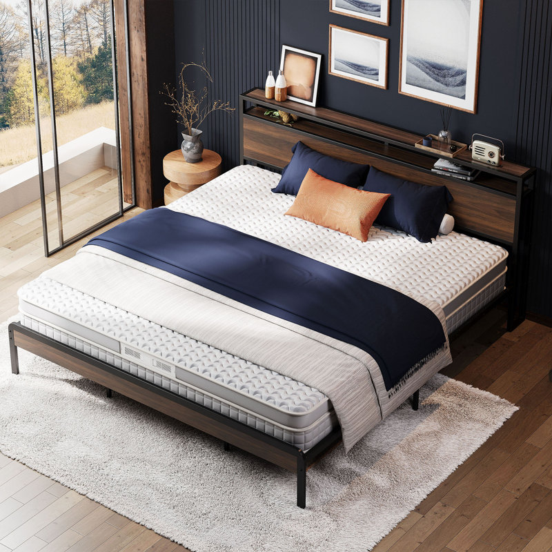 California King Bed Frame with Headboard, Walnut Wood with Strong Metal Supports, Sturdy, Noise-Free, No Box Spring Needed