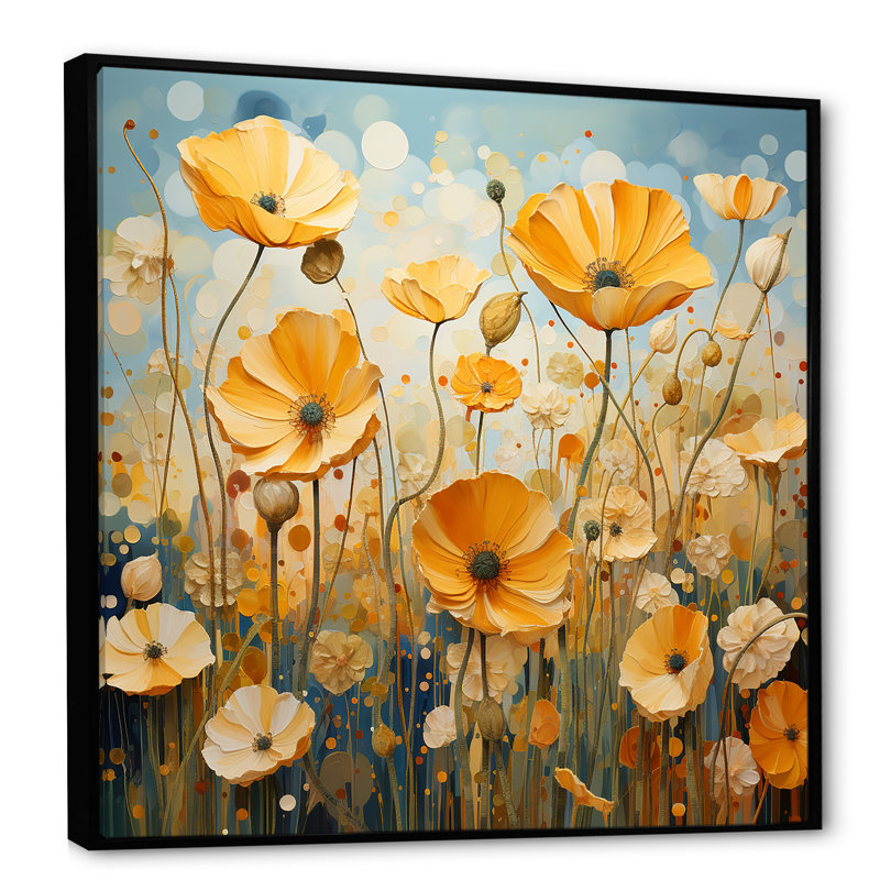 Jaune et vert Poppy Meadows 2 - coquelicots, art mural, Cadre flottant noir, H 16 po x l 16 po x P 1 po