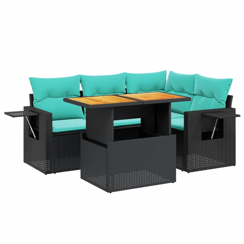  Ensemble de canapé de patio 5 pièces avec coussins en rotin de polyester, Noir, Vert