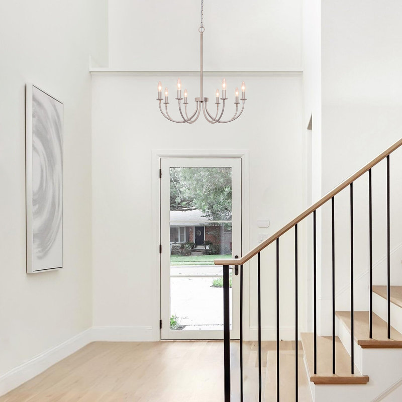 Brushed Nickel Modern Candle Chandelier, 8 Lights, Nickel