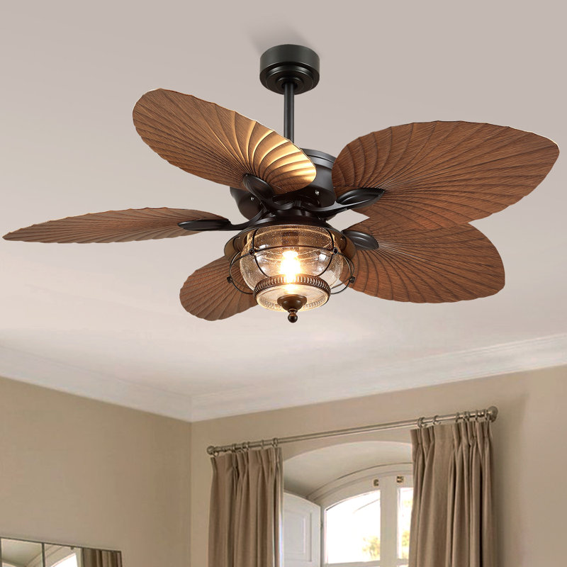 Ventilateur de plafond à 5 pales 52 "avec feuilles tropicales 52" avec lumière et télécommande, Brun