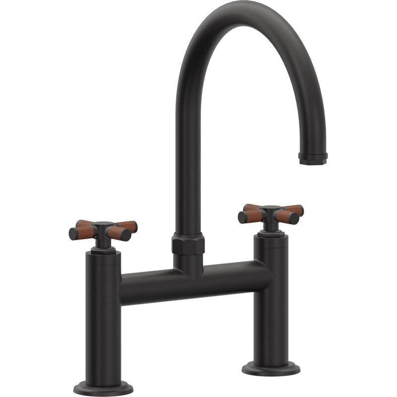 Descanso Side Spray Kitchen Faucet, Matte Black, With Side Spray, Teak Cross Handle