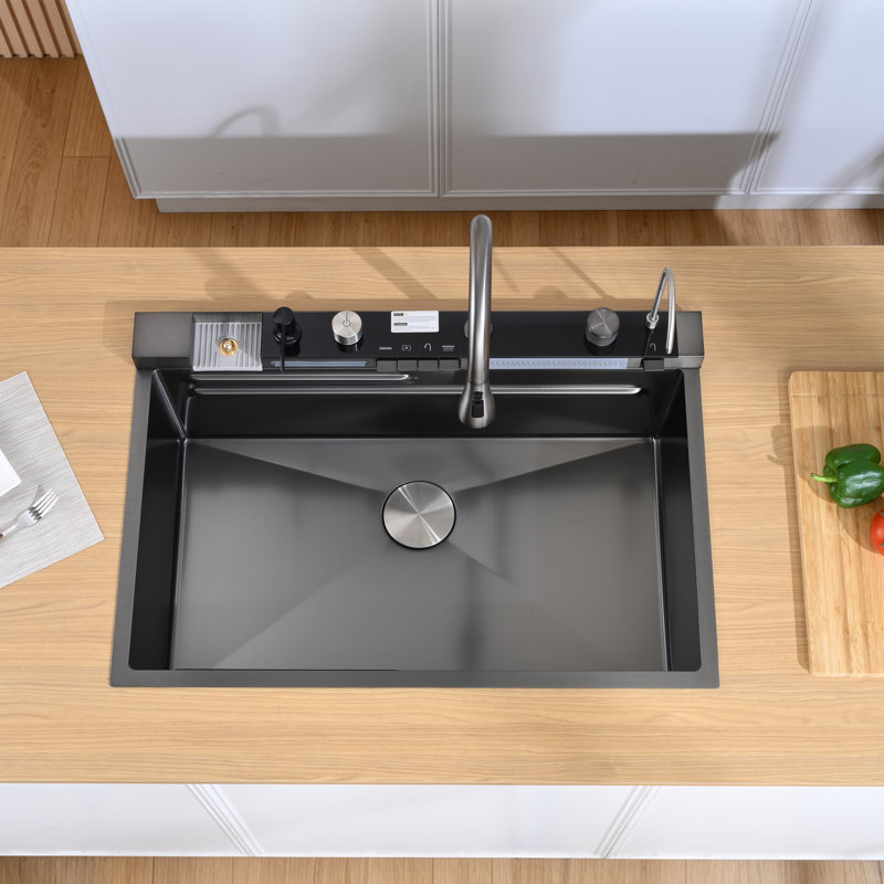 Évier de cuisine à simple cuve encastrable en acier inoxydable 33 po x l 22 po avec affichage numérique 33 po, Noir