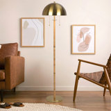 2-Light Floor Lamp, Gold Brass, Natural Rattan Tube , Double On/Off Pull Chain
