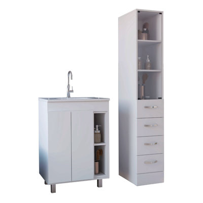 Ensemble de salle de bain 2 pièces avec lavabo, meuble-lavabo autoportant Acra et armoire à linge Magna, blanc