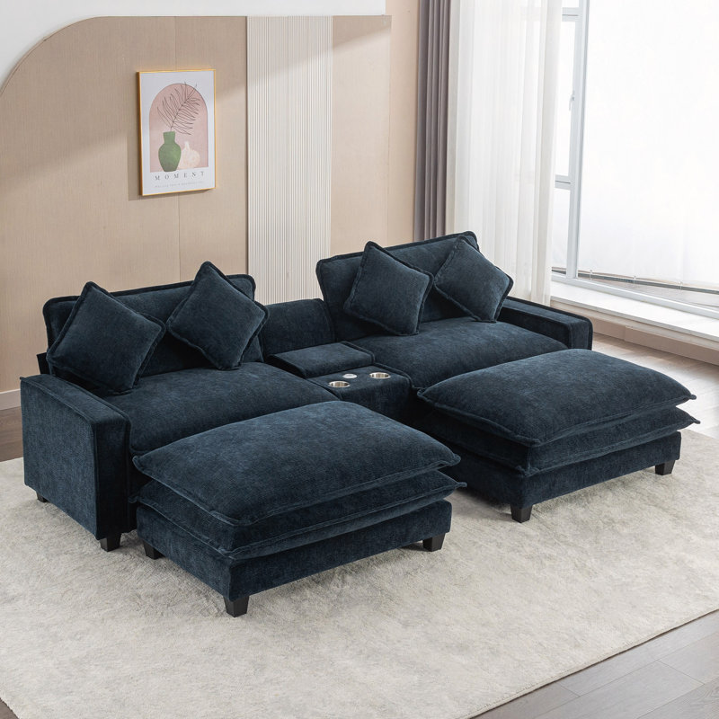 Canapé modulaire en chenille de 111 po avec deux repose-pieds amovibles, deux ports USB, deux porte-gobelets et une boîte de rangement