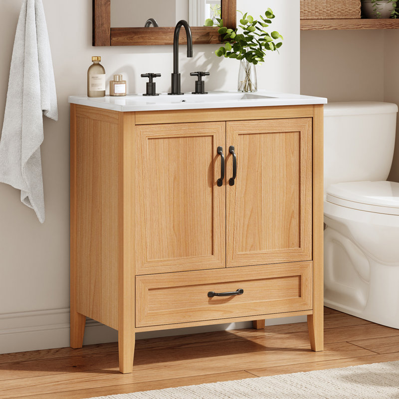 Meuble-lavabo en bois naturel 30 po avec lavabo en céramique, portes à fermeture en douceur et tablette réglable pour un rangement efficace