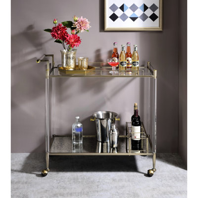 Elegant Serving Cart With Antique Mirror - Brass Finish, Tempered Glass Shelves, Wine Holder, Metal Frame Acrylic, 4 Wheels For Mobility, Easy To Clean And Assemble & Wire 5mm Shelves Various Uses