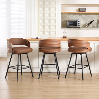 26.77" Swivel Faux Leather Counter Stool with Bentwood Backrest