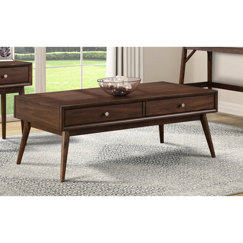 Table basse rétro en placage de noyer avec 2 tiroirs, finition brune
