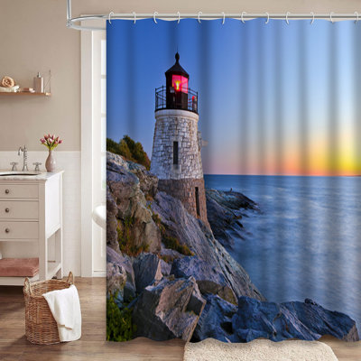 Beautiful Lighthouse Ocean Sunset Island England New Light Ocean Light Sea Shower Curtain with 12 Hooks