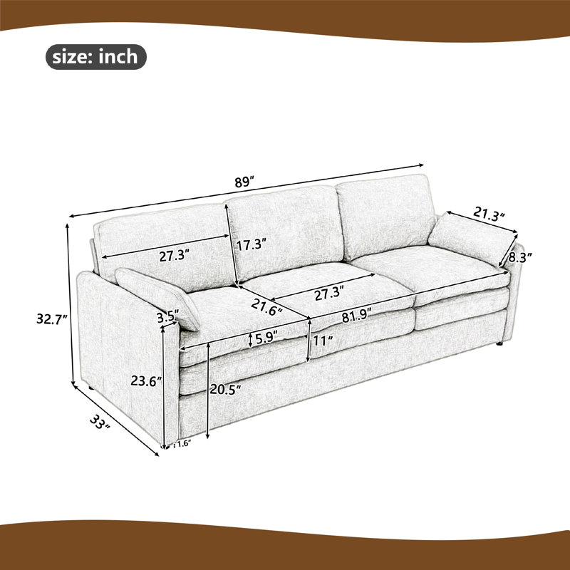 Canapé en chenille 3 places 89 po avec accoudoirs, coussins moelleux, Beige
