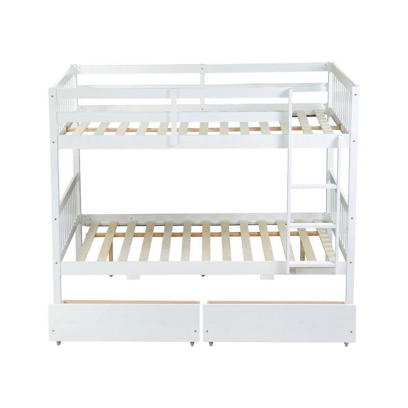 Full Over Full Bunk Bed with 2 Drawers, Ladder & Guardrails, Convertible to 2 Full Beds, Rubberwood Frame,White, White