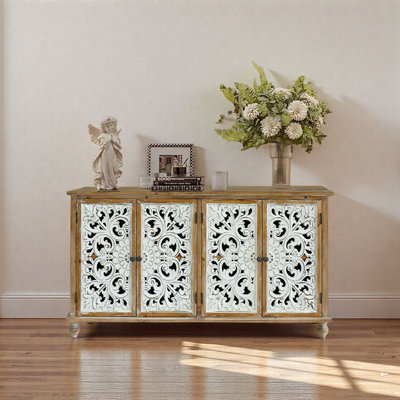 Armoire décorative avec 4 portes, buffet de ferme avec rangement, armoire de rangement moderne avec portes florales sculptées en bois pour le salon, la salle à manger, l'entrée, le couloir, la cuisine