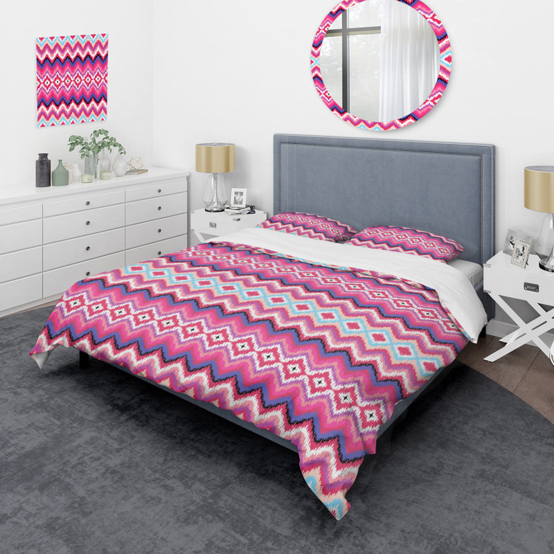 Pink Ikat Ogee - Ensemble de housse de couette abstrait - Microfibre de polyester
