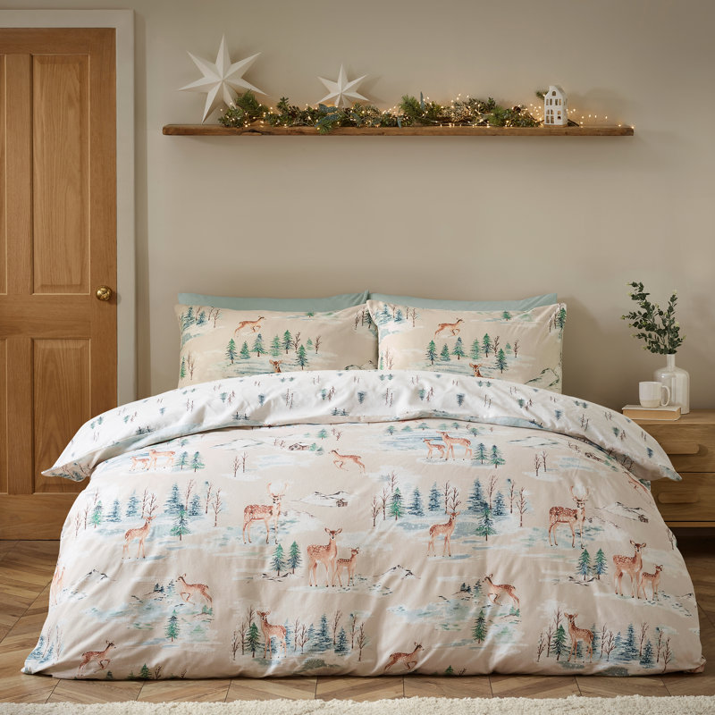 Brushed Christmas Deer Cotton Reversible Duvet Cover Set, Double Bed (200 x 200 cm)