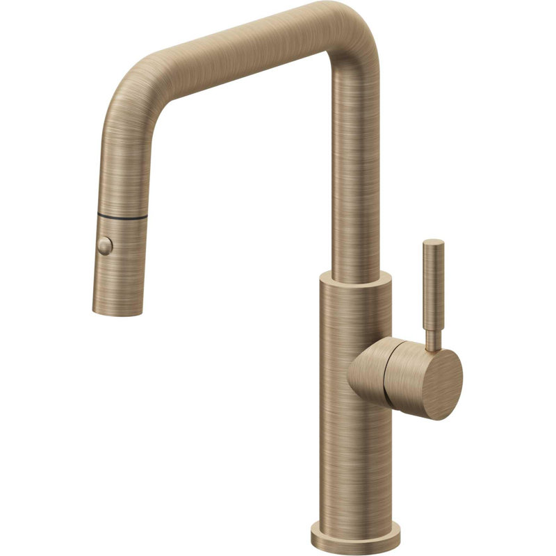 Corsano Contemporary Pull Down Kitchen Faucet with Button Sprayer Quad Spout and ST Series Handle, Antique Brass Flat